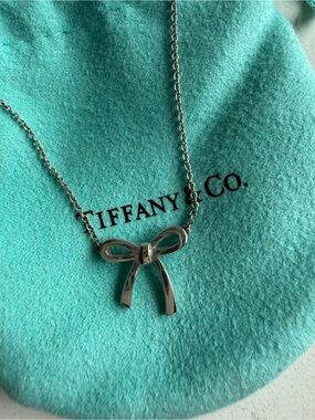 Tiffany & Co. Silver Bow Necklace on Signature Blue Pouch